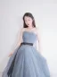 Chic / Beautiful Ocean Blue Glitter Bow Sash Prom Dresses 2025 A-Line / Princess Strapless Sleeveless Backless Floor-Length / Long Prom Formal Dresses
