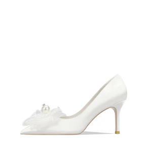 Eleganta Elfenben Pärla Rosett Satin Brudskor 2022 8 Cm Stilettklackar Spetsiga Bröllop Pumps Högklackade