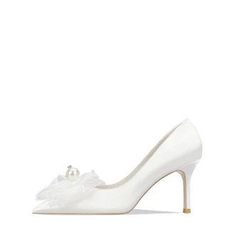 Élégant Ivoire Perle Noeud Satin Chaussure De Mariée 2022 8 Cm Talons Aiguilles À Bout Pointu Mariage Escarpins Talons Hauts
