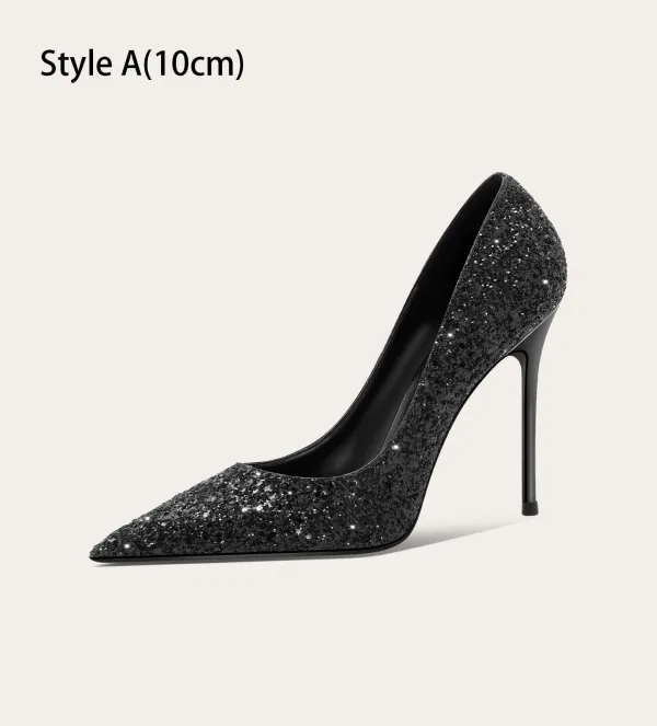 Charmant Schwarz Glanz Pailletten Cocktail Pumps 2025 10 cm Stilettos Spitzschuh Pumps Hochhackige