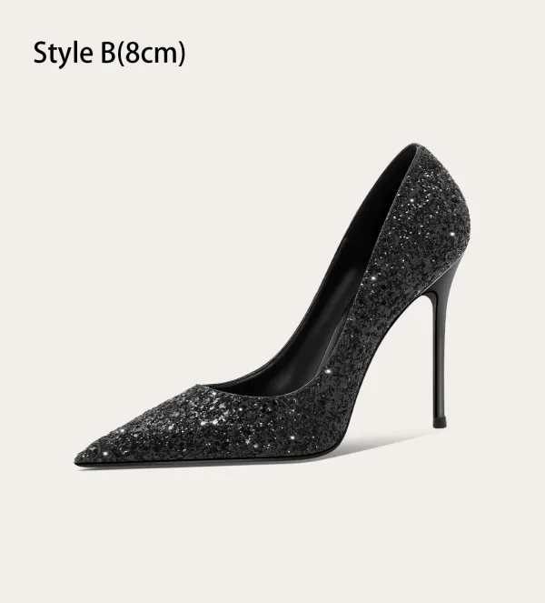 Charmant Schwarz Glanz Pailletten Cocktail Pumps 2025 10 cm Stilettos Spitzschuh Pumps Hochhackige