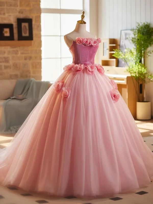 Chic / Beautiful Blushing Pink Appliques Prom Dresses 2025 Ball Gown Strapless Sleeveless Backless Floor-Length / Long Prom Formal Dresses