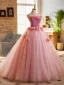 Chic / Beautiful Blushing Pink Appliques Prom Dresses 2025 Ball Gown Strapless Sleeveless Backless Floor-Length / Long Prom Formal Dresses