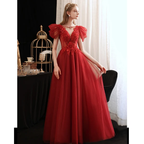 Charming Burgundy Beading Sequins Evening Dresses 2023 A-Line / Princess Scoop Neck Short Sleeve Backless Floor-Length / Long Evening Party Formal Dresses