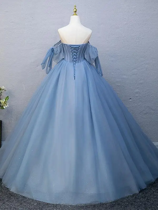 Elegant Beading Sky Blue Rhinestone Prom Dresses Ball Gown 2025 Backless Off-The-Shoulder Short Sleeve Floor-Length / Long Prom Formal Dresses