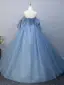 Elegant Beading Sky Blue Rhinestone Prom Dresses Ball Gown 2025 Backless Off-The-Shoulder Short Sleeve Floor-Length / Long Prom Formal Dresses