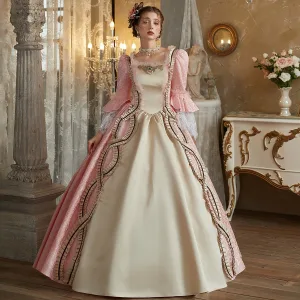 Médiévale Vintage Originale Rose Bonbon Faux Diamant En Dentelle Fleur Robe De Bal 2024 Robe Boule Encolure Carrée Manches De Cloche Longue Promo Robe De Ceremonie