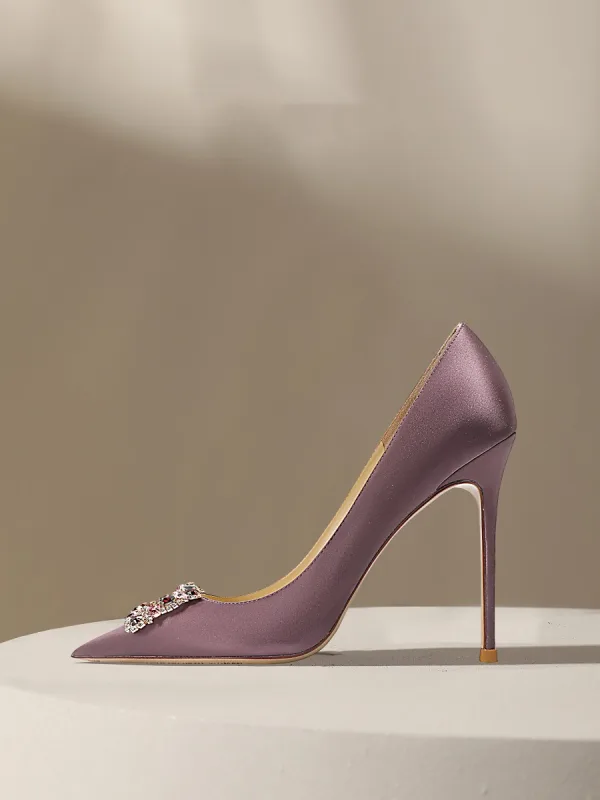 Charmant Lavendel Strass Abend Pumps 2024 Leder 10 cm Stilettos Spitzschuh Pumps Hochhackige
