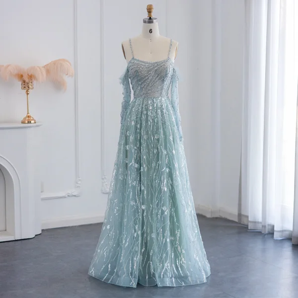 Sexy Mint Green Beading Sequins Prom Dresses 2024 A-Line / Princess Spaghetti Straps 3/4 Sleeve Backless Floor-Length / Long Prom Formal Dresses