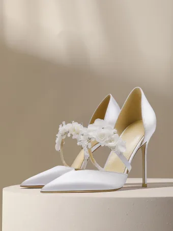 Élégant Blanche Satin Perle Fleur Chaussure De Mariée 2024 10 Cm Talons Aiguilles À Bout Pointu Mariage Sandales Talons Hauts