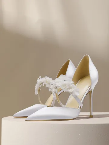 Elegant White Satin Pearl Flower Wedding Shoes 2024 10 Cm Stiletto Heels Pointed Toe Wedding Sandals High Heels