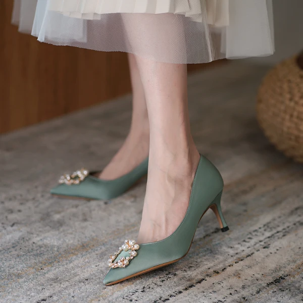 Chic / Belle Noire Promo Perle Faux Diamant Escarpins 2023 Satin 6 cm Talons Aiguilles À Bout Pointu Escarpins Talons Hauts