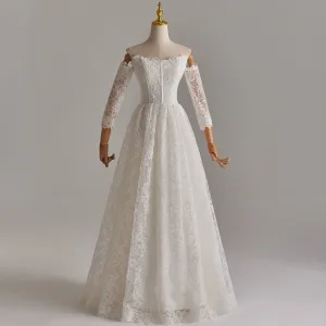 Simple Blanche En Dentelle Fleur Perle Robe De Mariée 2025 Princesse De L Épaule Manches Longues Dos Nu Longue