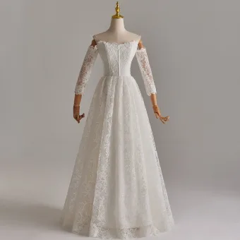 Modest Simple White Lace Flower Pearl Wedding Dresses 2025 A Line Princess Off The Shoulder Long Sleeve Backless Floor Length Long