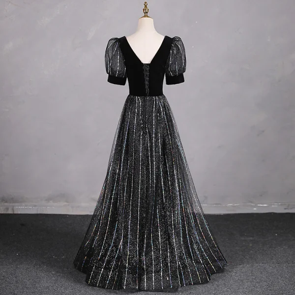 Bling Bling Noire Faux Diamant Paillettes Robe De Bal 2024 Princesse Encolure Carrée Manches Courtes Dos Nu Longue Promo Robe De Ceremonie