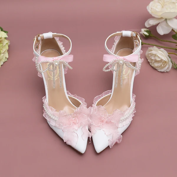 Schön Charmant Weiß Brautschuhe 2023 Knöchelriemen Perle Schleife 9 cm Stilettos Spitzschuh Hochzeit Sandaletten Hochhackige