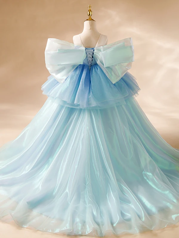 Fashion Sky Blue Sequins Lace Flower Cascading Ruffles Birthday Flower Girl Dresses 2024 Ball Gown Off-The-Shoulder Puffy Short Sleeve Backless Floor-Length / Long