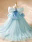 Fashion Sky Blue Sequins Lace Flower Cascading Ruffles Birthday Flower Girl Dresses 2024 Ball Gown Off-The-Shoulder Puffy Short Sleeve Backless Floor-Length / Long