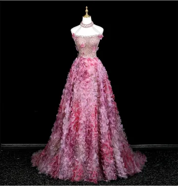 Bloemenfee Blozen Roze Rhinestone Pailletten Appliques Galajurken 2025 A Lijn Hoge Kraag Mouwloos Ruglooze Sweep Trein Gelegenheid Jurken