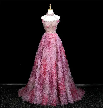 Blomma Fe Rodnande Rosa Rhinestone Paljetter Appliqués Balklänningar 2025 Prinsessa Hög Hals Ärmlös Halterneck Svep Tåg Formella Klänningar