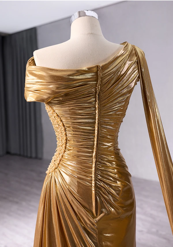 Fashion Gold Split Front Prom Dresses 2024 Trumpet / Mermaid One-Shoulder Short Sleeve Backless Floor-Length / Long Prom Formal Dresses