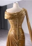 Fashion Gold Split Front Prom Dresses 2024 Trumpet / Mermaid One-Shoulder Short Sleeve Backless Floor-Length / Long Prom Formal Dresses