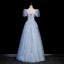 Elegant Sky Blue Sequins Prom Dresses 2023 A-Line / Princess Square Neckline Puffy Short Sleeve Backless Floor-Length / Long Prom Formal Dresses