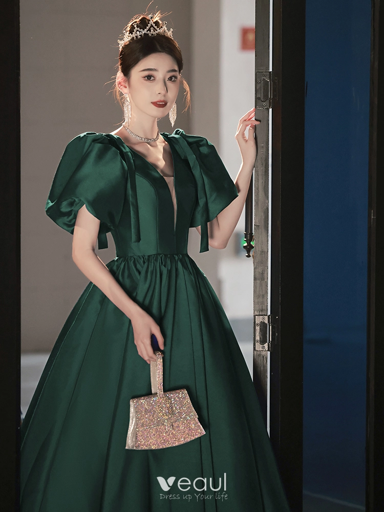 A Line V Neck Emerald Green Satin Prom Dresses, Emerald Green V