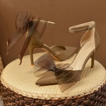 Chic Beautiful Brown Bow Prom Womens Shoes 2023 Ankle Strap 8 Cm Stiletto Heels Pointed Toe Womens Shoes High Heels