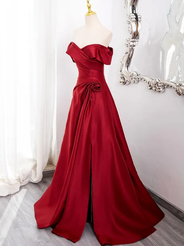 Schöne Burgunderrot Gespaltete Front Satin Ballkleider 2024 A Linie Off Shoulder Ärmellos Rückenfreies Lange Ball Festliche Kleider
