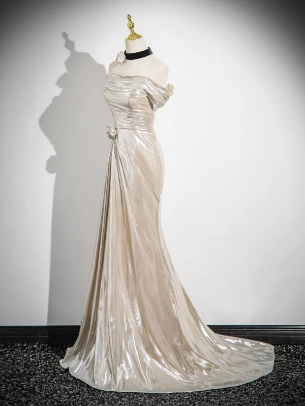Sexy Champagne Prom Dresses 2024 Trumpet / Mermaid Off-The-Shoulder Short Sleeve Backless Floor-Length / Long Prom Formal Dresses