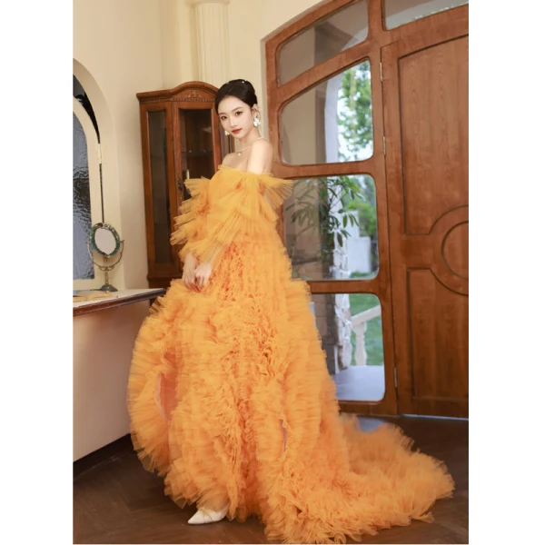 Charming Orange Pleated Evening Dresses 2023 A-Line / Princess Off-The-Shoulder Short Sleeve Backless Sweep Train Evening Party Formal Dresses