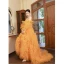 Charming Orange Pleated Evening Dresses 2023 A-Line / Princess Off-The-Shoulder Short Sleeve Backless Sweep Train Evening Party Formal Dresses