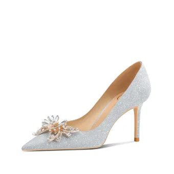 Charmant Argenté Cristal Papillon Chaussure De Mariée 2024 Cuir 6 Cm Talons Aiguilles À Bout Pointu Mariage Escarpins Talons Hauts