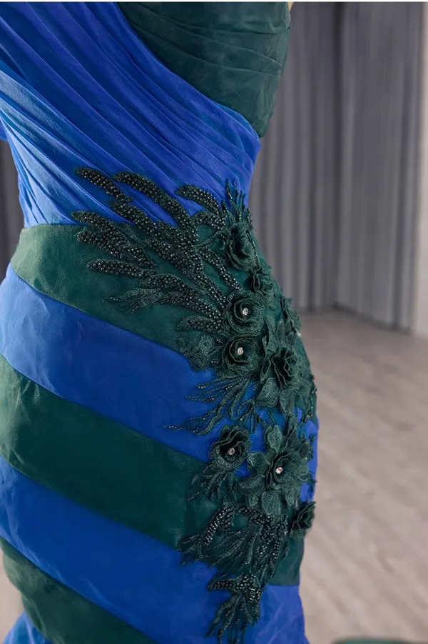Haut de Gamme Deux tons Océan Bleu En Dentelle Fleur Appliques Robe De Bal 2025 Trompette / Sirène Une épaule Sans Manches Dos Nu Train De Balayage Tulle Robe De Ceremonie
