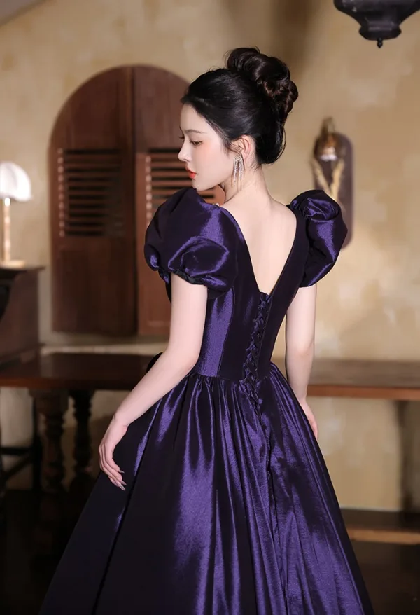 Vintage / Retro Purple Prom Dresses 2025 Ball Gown Square Neckline Puffy Short Sleeve Backless Floor-Length / Long Prom Formal Dresses