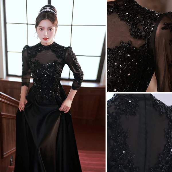 Vintage / Retro Black Beading Rhinestone Sequins Evening Dresses 2023 A-Line / Princess High Neck 3/4 Sleeve Floor-Length / Long Evening Party Formal Dresses
