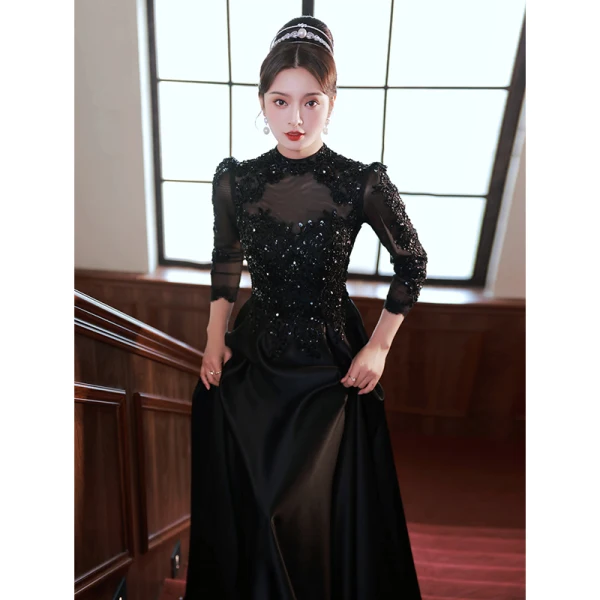 Vintage / Retro Black Beading Rhinestone Sequins Evening Dresses 2023 A-Line / Princess High Neck 3/4 Sleeve Floor-Length / Long Evening Party Formal Dresses
