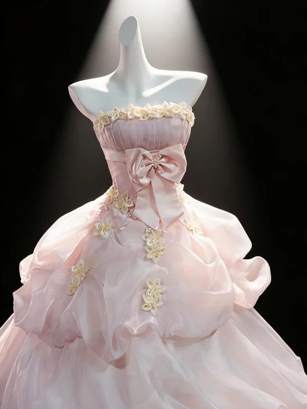 Blomsterfe Lyserød Sløjfe Applikationsbroderi Cascading Flæser Gallakjoler 2026 Chiffon Balkjole Off-The-Shoulder Ærmeløs Halterneck