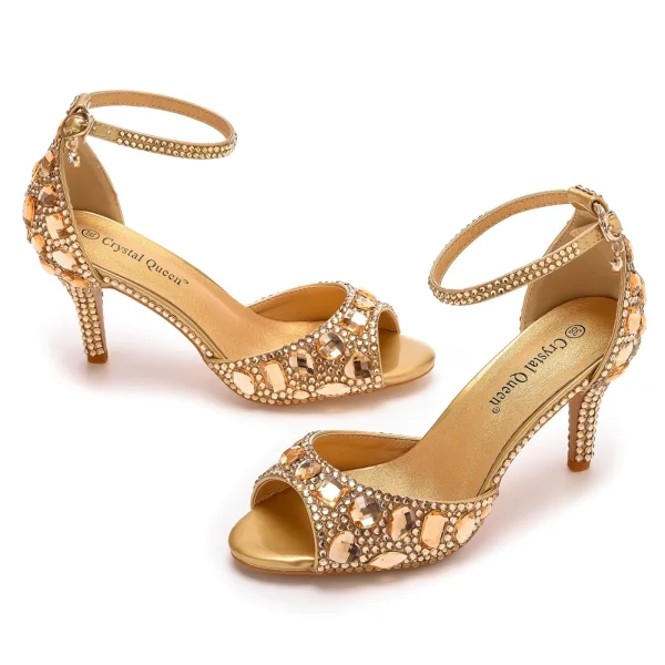 Charmant Silber Strass Abend Sandalen Damen 2023 7 cm Stilettos Peeptoes Knöchelriemen Sandaletten Hochhackige
