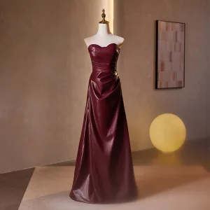 Sexy Bordeaux Robe De Soirée 2024 Princesse Bustier Sans Manches Dos Nu Longue Soirée Robe De Ceremonie