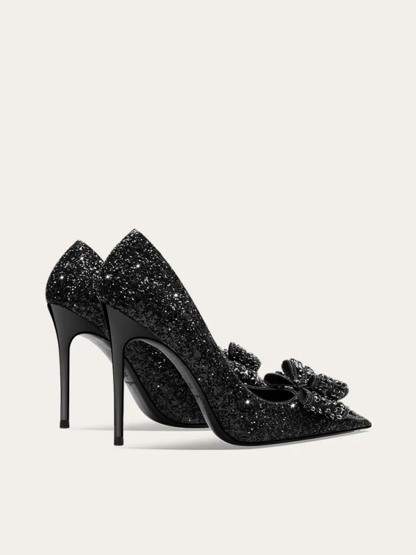 Bling Bling Noire Faux Diamant Paillettes Noeud Promo Escarpins 2024 10 cm Talons Aiguilles À Bout Pointu Escarpins Talons Hauts