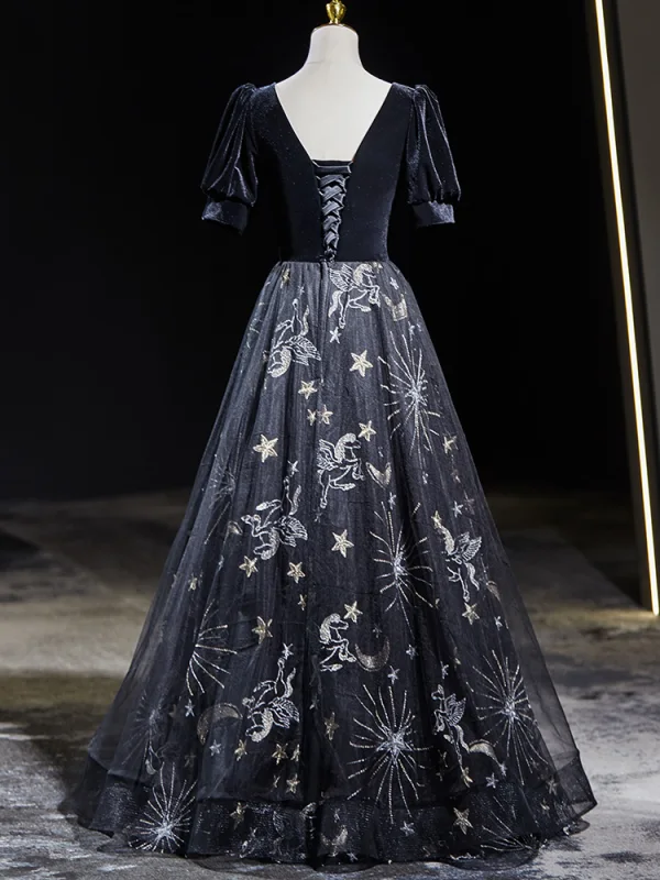 Elegant Black Embroidered Prom Dresses 2024 A-Line / Princess Square Neckline Short Sleeve Backless Floor-Length / Long Prom Formal Dresses