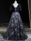 Elegant Black Embroidered Prom Dresses 2024 A-Line / Princess Square Neckline Short Sleeve Backless Floor-Length / Long Prom Formal Dresses