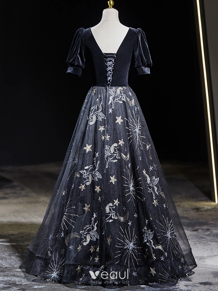 black embroidered dress prom Black Prom Dresses,Lace Prom Dress,Floral Prom Dress,Princess Prom  Dress,PD00231 main image 1