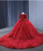 Luxury / Gorgeous Red Handmade  Beading Sequins Lace Flower Prom Dresses 2024 Ball Gown Square Neckline Long Sleeve Backless Chapel Train Prom Formal Dresses