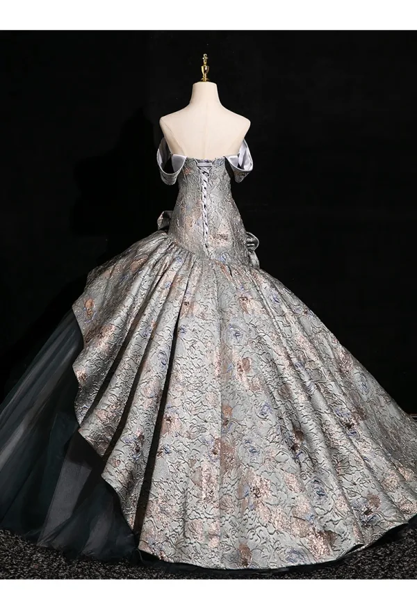 Vintage / Retro Grey Printing Prom Dresses 2024 Ball Gown Strapless Sleeveless Backless Floor-Length / Long Prom Formal Dresses