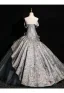 Vintage / Retro Grey Printing Prom Dresses 2024 Ball Gown Strapless Sleeveless Backless Floor-Length / Long Prom Formal Dresses