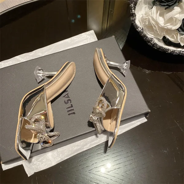 Charmant Sexy Ivoire Soirée Faux Diamant Noeud Sandales Femme 2022 8 cm Talons Aiguilles Peep Toes / Bout Ouvert Sandales Talons Hauts