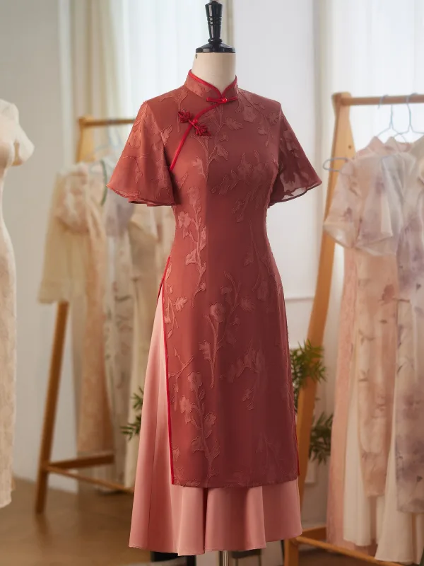 Chiński Styl Vintage Czerwone Długość Herbaty Cheongsam 2024 Syrena / Rozkloszowane Wysokiej Szyi Kótkie Rękawy